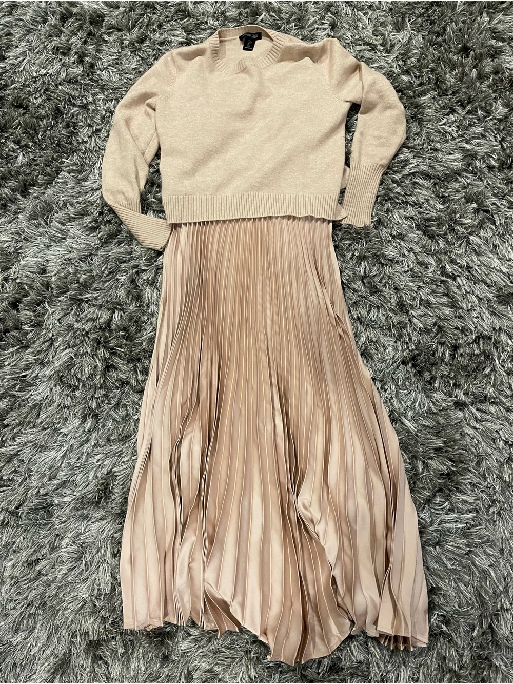 Rachel Roy Pleated Satin Dress with Knit Top - Beige Size Small